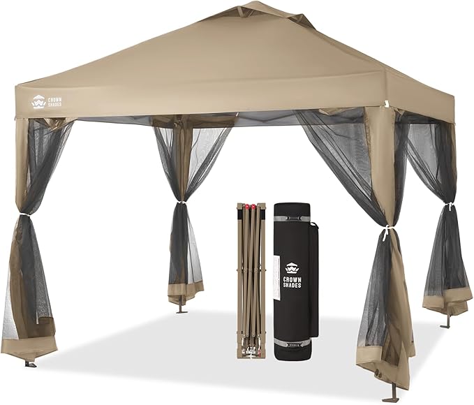 CROWN SHADES Gazebo 10x10 Pop Up Canopy with Mosquito Netting, Screen Tent with 4 Ropes, 8 Stakes, 4 Sandbags and Wheeled Storage Bag, Canopy for Patio & Backyard, Beige