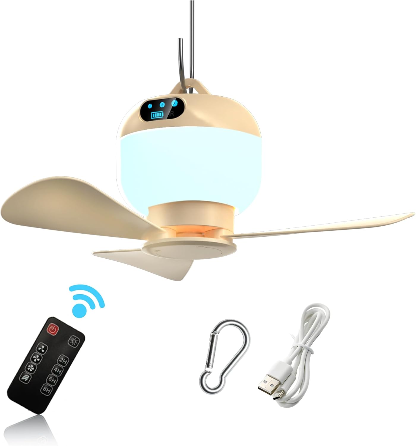 Camping Fan with LED Light & Remote – Rechargeable Battery Powered Portable Ceiling Fan for Tent, RV, Canopy, Gazebo & Outdoor Emergency – 3 Speeds & Timer