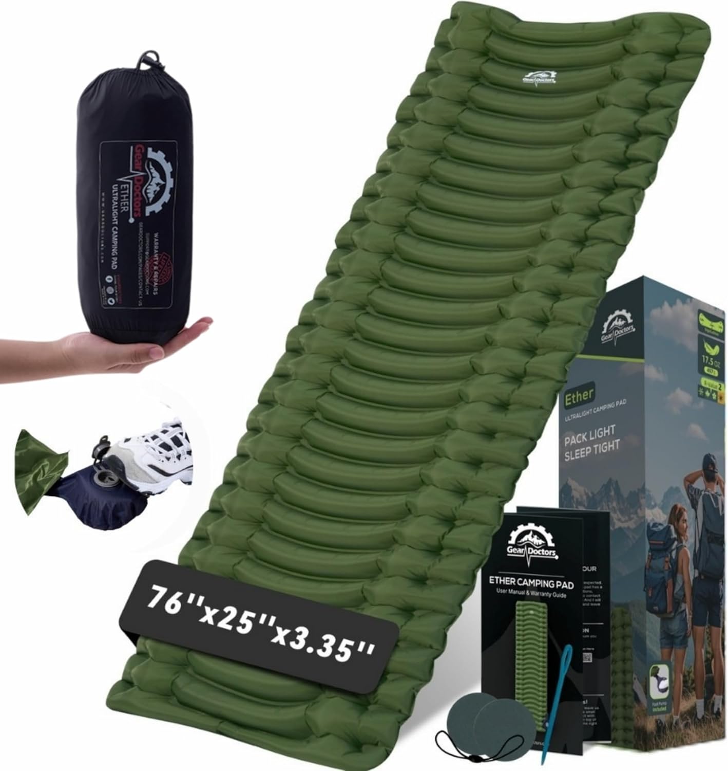 Gear Doctorsยฎ Ether 17.5oz Ultralight Camping Sleeping Pad โ Backpacking Air Mattress โ Camping Mattress Pad โ Compact Inflatable Sleeping Mat for Backpacking, Comfortable Outdoor Hiking, Tent, Travel
