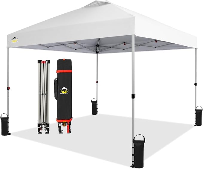CROWN SHADES 10x10 Pop Up Canopy - Beach Tent with One Push Setup - Easy Outdoor Sun Shade for Events, Parties, Camping - Gazebo with STO-N-Go Cover Bag, Silver Coated Top, Grid White
