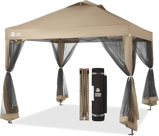 CROWN SHADES Gazebo 10x10 Pop Up Canopy with Mosquito Netting, Screen Tent with 4 Ropes, 8 Stakes, 4 Sandbags and Wheeled Storage Bag, Canopy for Patio & Backyard, Beige