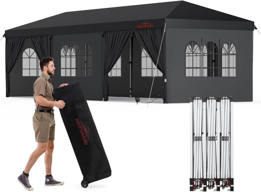 10x30 Pop Up Canopy Tent with 8 Sidewalls, Heavy Duty Tents for Parties, Black