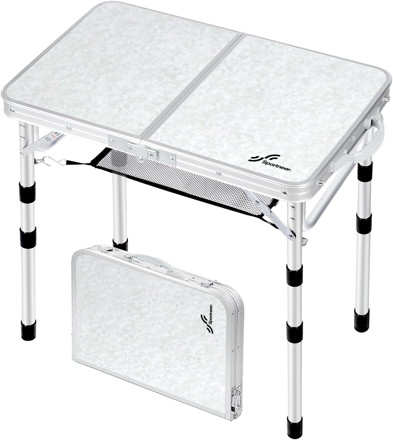 Sportneer Camping Table: Adjustable Height Small Folding Table 23.6" L x 15.7" W 4 Height with Mesh Layer - Compact & Portable Camping Essentials for Outdoor Camp Garden Picnic BBQ Dining Cooking
