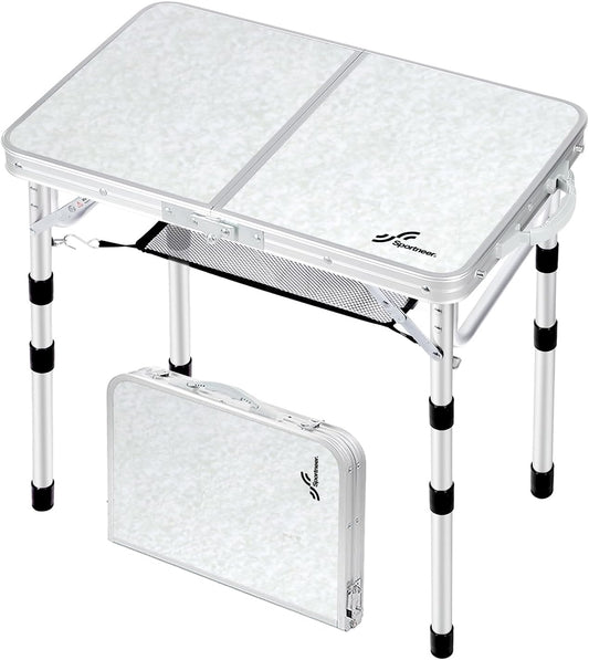 Sportneer Camping Table: Adjustable Height Small Folding Table 23.6" L x 15.7" W 4 Height with Mesh Layer - Compact & Portable Camping Essentials for Outdoor Camp Garden Picnic BBQ Dining Cooking