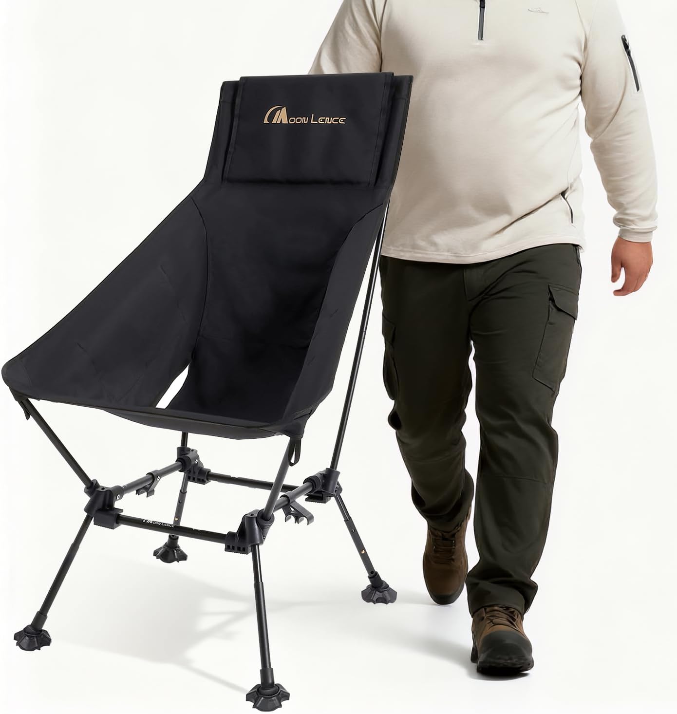 MOON LENCE Oversized Camping Chair for Adults, Height Adjustable High-Back Folding Camping Chair with 400 lbs Capacity, Hidden Pillow Pocket and Wide Seat for Camping, Hiking, Picnics, Black