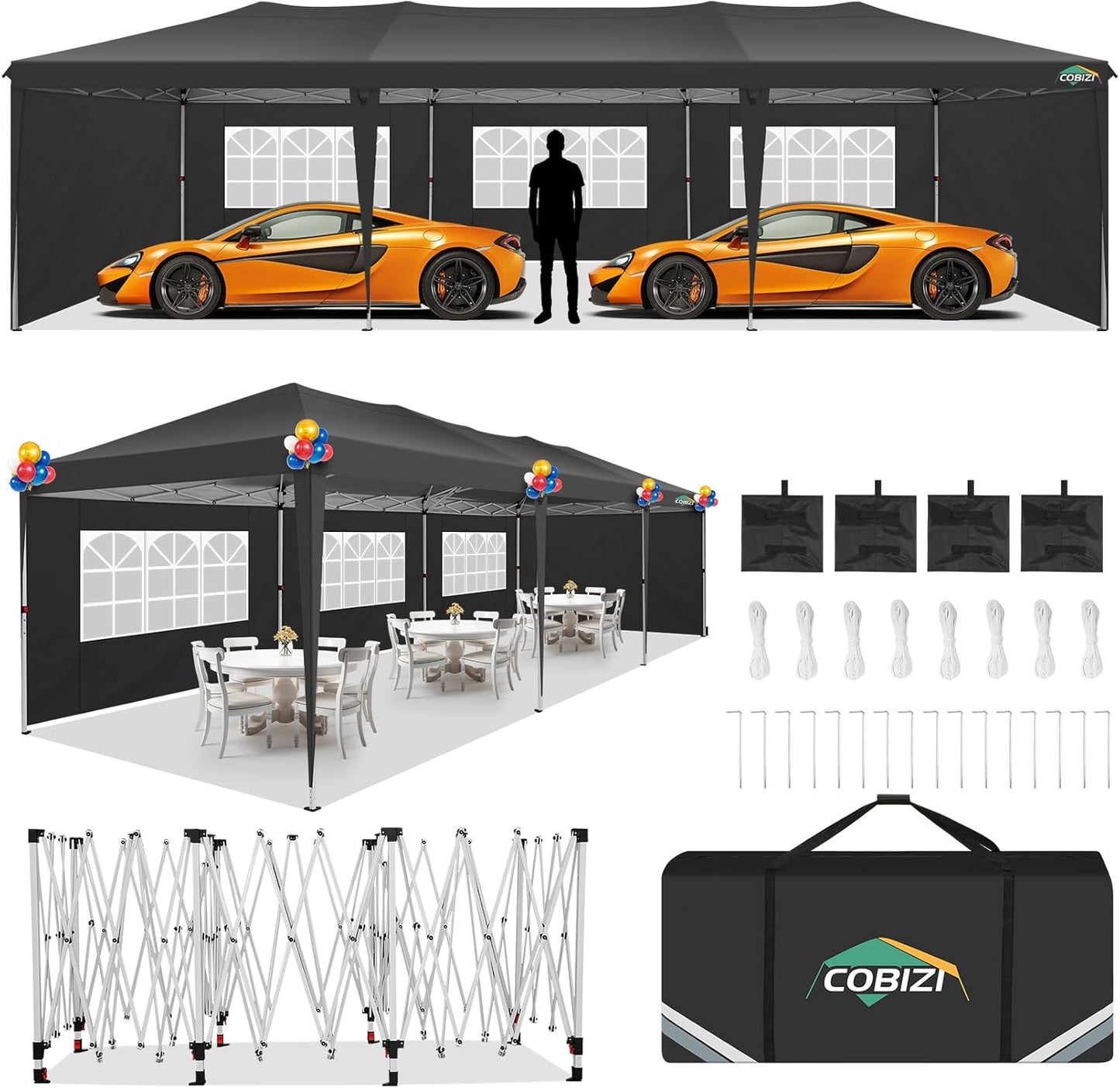 COBIZI 10x30 Pop Up Canopy Tent with Removable Sidewalls, Waterproof Portable Easy Up Canopy with Carry Bag, Instant Outdoor Shelter Tents for Parties, Events, Backyard Gatherings, Weddings, Black