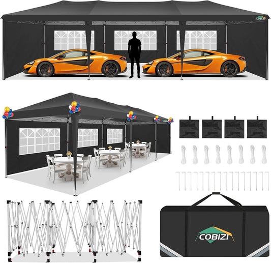COBIZI 10x30 Pop Up Canopy Tent with Removable Sidewalls, Waterproof Portable Easy Up Canopy with Carry Bag, Instant Outdoor Shelter Tents for Parties, Events, Backyard Gatherings, Weddings, Black
