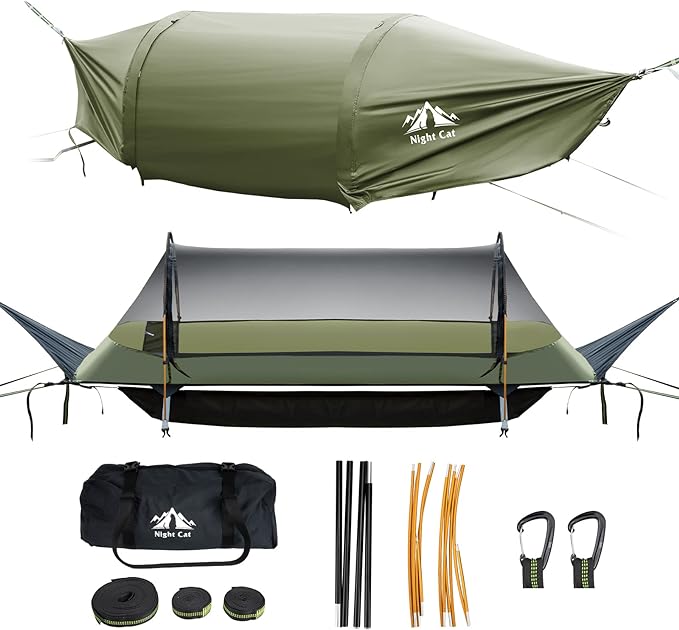 Night Cat Flat Lay Hammock Tent with Mosquito Net Waterproof Rainfly Storage Room for 1 Person Backpacking Hiking Camping Lightweight 330LBS 87x28x19in