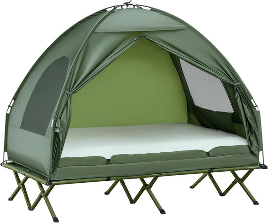 Outsunny 2-Person Tent Cot, 4-in-1 Folding Tent Combo with Air Mattress, Foot Pump, Carry Bag, Off Ground Travel Cot for Camping, Hiking, Backpacking
