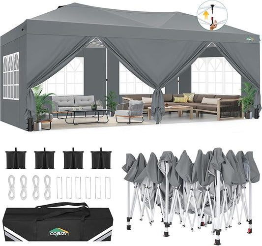 COBIZI Canopy 10x20 Pop Up Canopy Tent with 6 Sidewalls, One Push Party Tents for Parties Outdoor Wedding Waterproof Gazebo Commercial Event Tent with Sandbags, Grey
