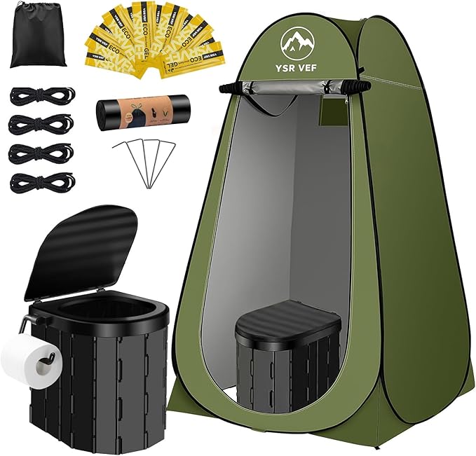 Portable Camping Toilet Kit with Pop-Up Privacy Tent, Washable Outdoor Shower and Changing Room, Includes Toilet Bags and Poo Gel