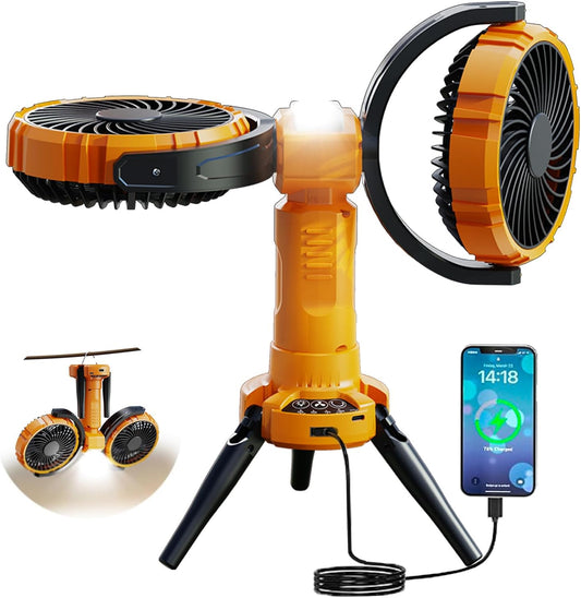 Camping Fan with Light,8000mAh Rechargeable Battery Powered Tent Ceiling Cooler Fans,270° Oscillating 360°Rotation Portable Camping Essentials Gear for Outdoor Canopy,Travel,Fishing,Yellow