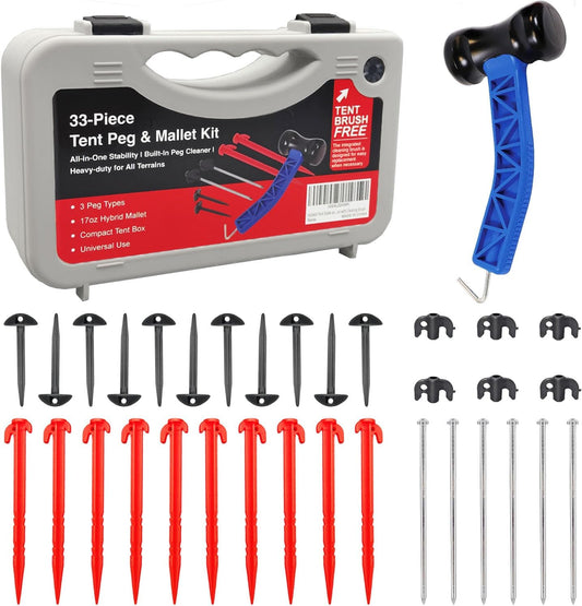 Tent Stakes Kit with Mallet – 33-Piece Camping Peg Set with Rubber Mallet, Plastic & Steel Stakes, Groundsheet Stakes & Peg Puller – Compact Carry Case for Camping, Tents & Canopies