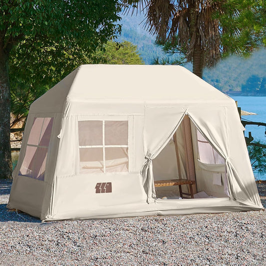 Inflatable Tents for Camping, Blow Up Tent with Hand Pump, 3-4 Person Air Glamping Tent with Canopy, Easy Setup 4 Season Waterproof Windproof Outdoor Glamping House（Brown）