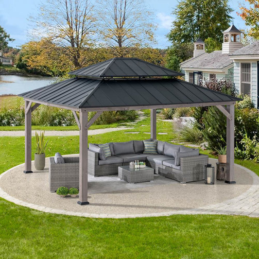 SUNJOY 13x15 Wooden Backyard Gazebo with Ceiling Hook - Driftwood Cedar